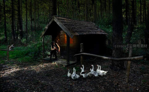 森林小屋前猎人与鹅群的静谧时刻