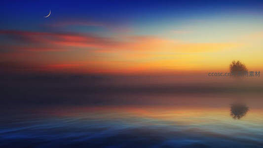 月挂天边雾漫湖，孤树静立水中央
