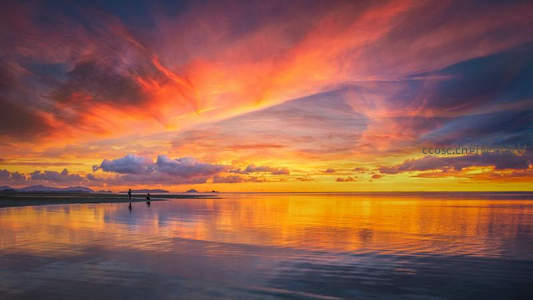 滩涂之上双人剪影沐浴辉煌夕照