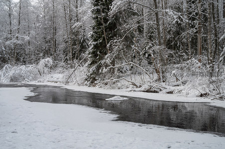 雪林小径溪水潺潺如画境