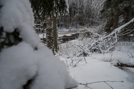 前景积雪模糊林间溪流