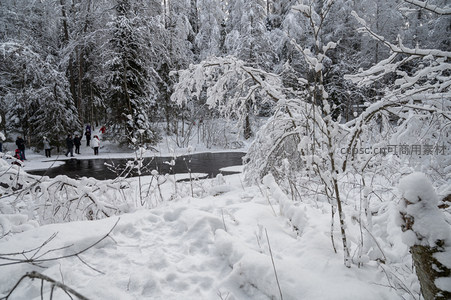 雪岸湖边游人踏雪