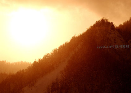 夕阳熔金染山峦，雪覆林海映霞光