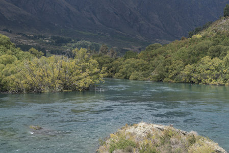 绿树环抱清流，山影倒映水中