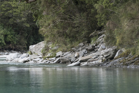 河岸乱石林立，绿树成荫水波平