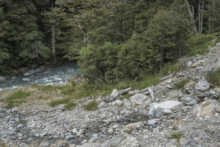 河岸碎石滩与湍急溪流交织成画