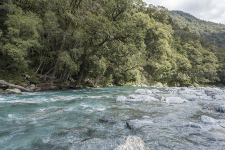 碧绿河水穿行于巨石与密林之间，波光粼粼