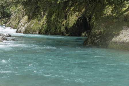 碧波荡漾峡谷中，苔岩相伴水流急
