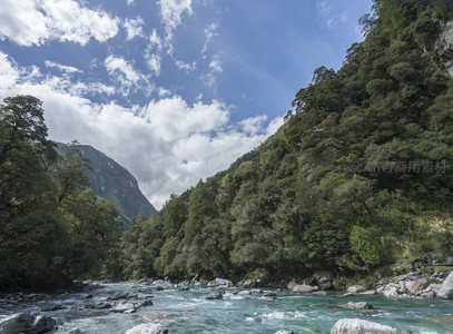 山涧溪流穿林而过，碧水蓝天相映成趣