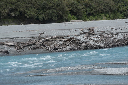 蓝河激流绕枯木，石滩延展绿树环