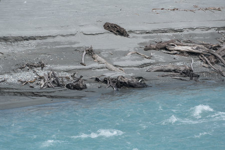 湍急蓝河穿行灰岸，枯木散落如画