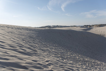 沙丘起伏，风痕如画，蓝天白云下尽显自然之美。