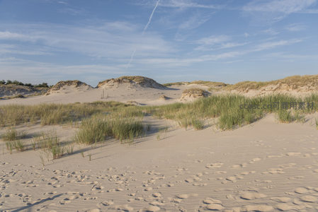 沙丘绿草相映成趣，蓝天白云下足迹点点