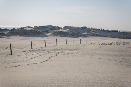沙丘足迹与木桩围栏的宁静风景
