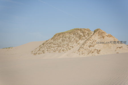 草甸覆盖的沙丘在蓝天映衬下