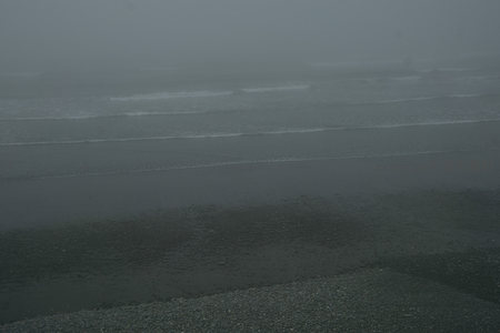 迷雾中的海岸潮水退去留下湿痕