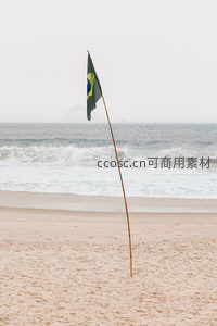 巴西国旗立于海风沙滩中