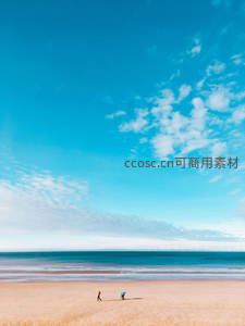 广阔沙滩上漫步的两人身影