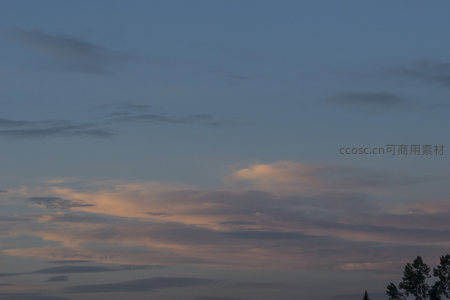 暮霭轻云掠过树梢，天空渐染温柔蓝紫
