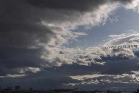 暴风雨前的城市天际线与翻滚乌云