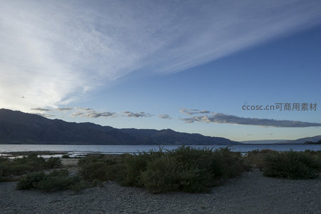 蓝天白云下，湖畔灌木丛生