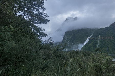 森林深处瀑布从云雾中倾泻而下