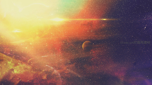 金色恒星照耀，行星穿行于绚烂星尘之间