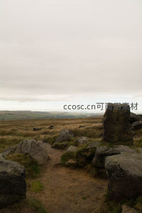荒野巨石与远山风车的静谧风景