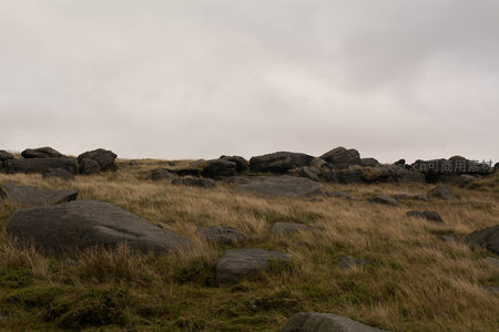 枯草覆盖的山脊与灰暗天空相接