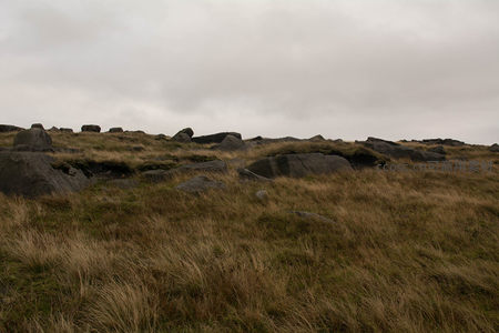 风蚀草坡上的岩石群在阴云下静默
