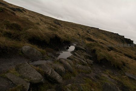 斜坡石径雨后湿，草色枯黄映苍穹