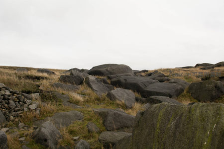 荒野巨石与枯黄草地的静谧景象