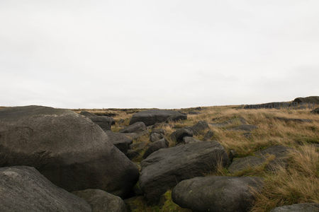 开阔原野上散布的黑色巨石阵