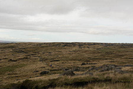 徒步者穿越辽阔的高原草甸