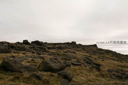 荒野巨石坡，枯草覆岩层