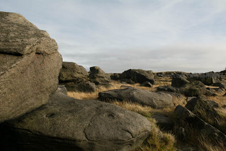特写巨岩纹理与枯草交织的荒野细节