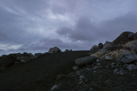 黑沙坡上巨石嶙峋，枯草点缀寂寥