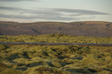 苔藓覆盖的火山岩地貌与远山公路