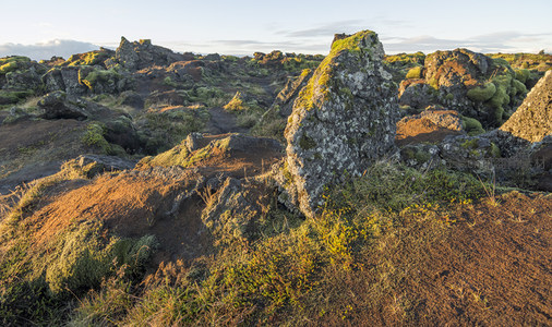 火山岩与苔藓交织的大地纹理在暮色中舒展