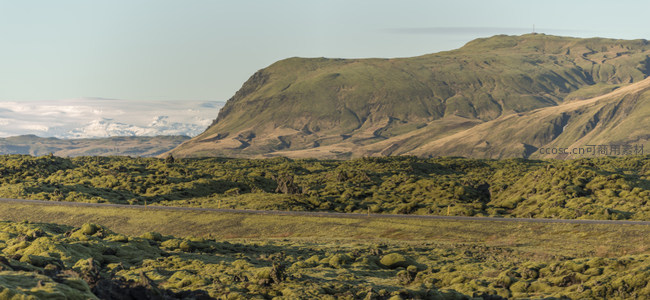 公路穿越苔原，远山雪峰相映成趣