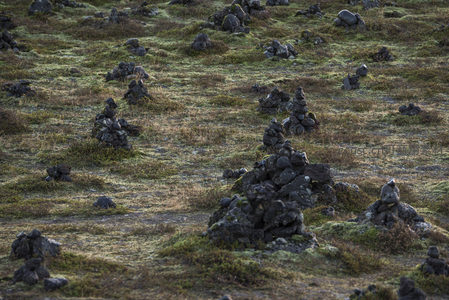 遍布石堆的苔原地貌在夕阳下静谧如画