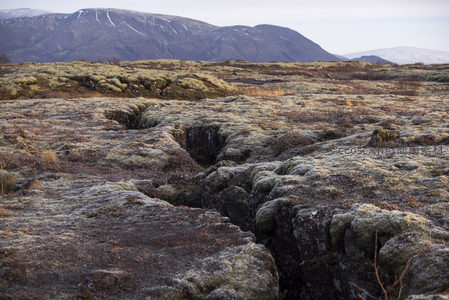 苔藓覆盖的火山岩地貌与远山