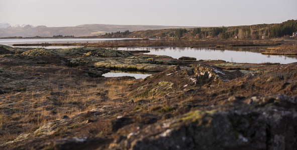苔藓覆盖的火山岩地貌与静谧湖泊