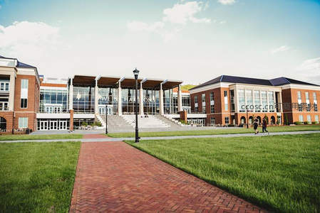 红砖步道通向现代大学建筑群