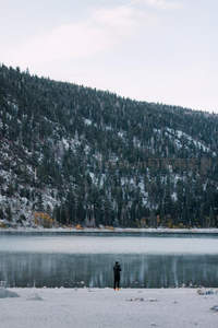 雪后湖畔孤影远眺苍翠山峦
