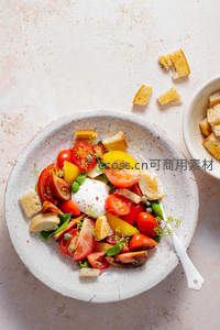色彩缤纷的番茄面包沙拉盛于陶盘