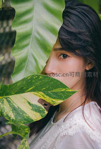 绿叶掩映下的温柔侧颜