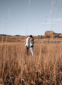 金秋田野情侣相拥亲吻