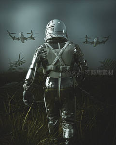 宇航员背影与无人机编队的神秘探索