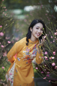 花丛中身着黄袍的古典美人